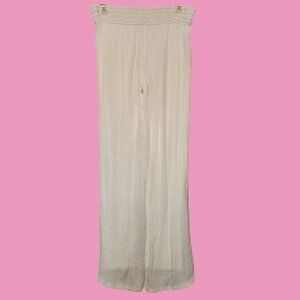 White Wide-Leg Crinkle Texture Pants with Smocked Elastic Waistband Flowy Design